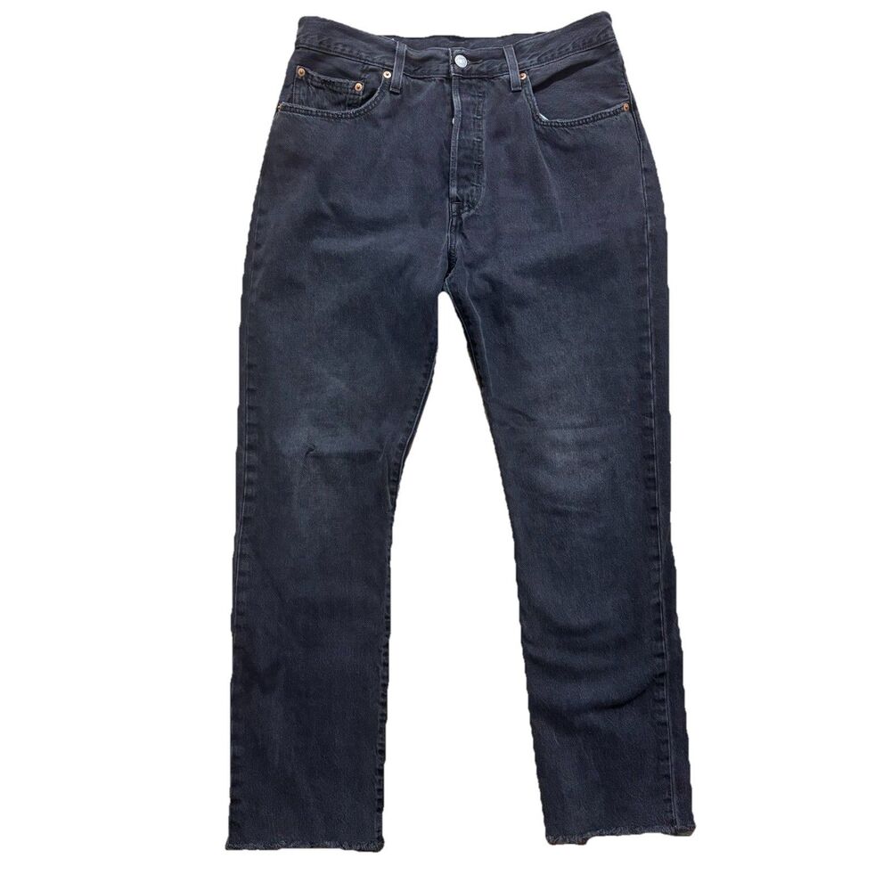 Levis 501 Straight Jeans Womens 31x30 Faded Black High Rise Raw Hem Button Fly